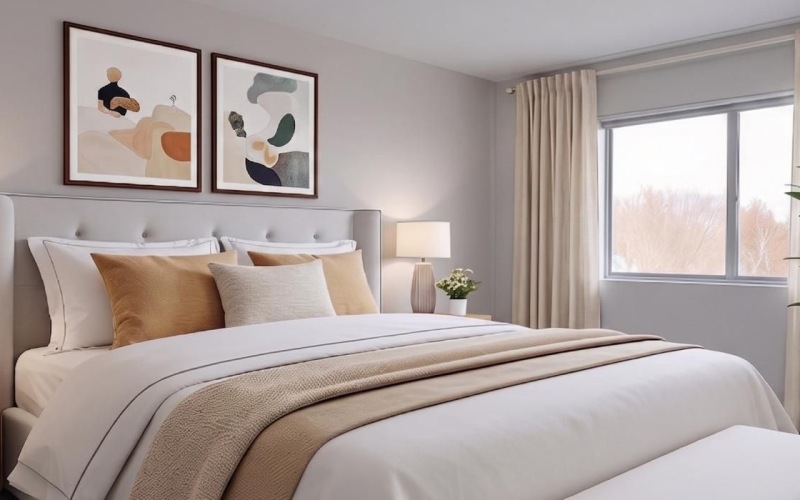 a bedroom with a bed and lamps