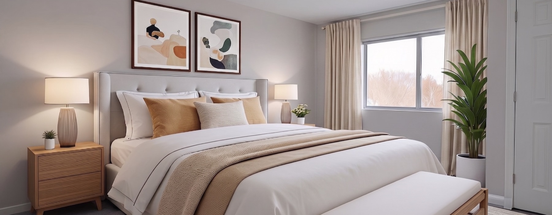 a bedroom with a bed and lamps