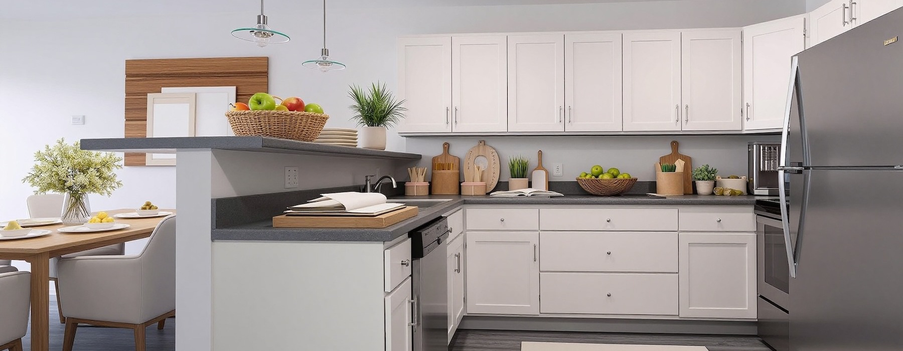 a kitchen with white cabinets