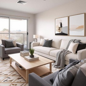 a living room with a couch, chairs and a coffee table