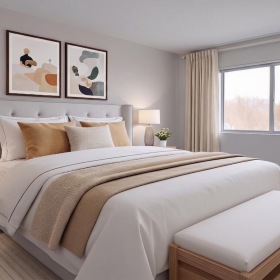 a bedroom with a bed and lamps