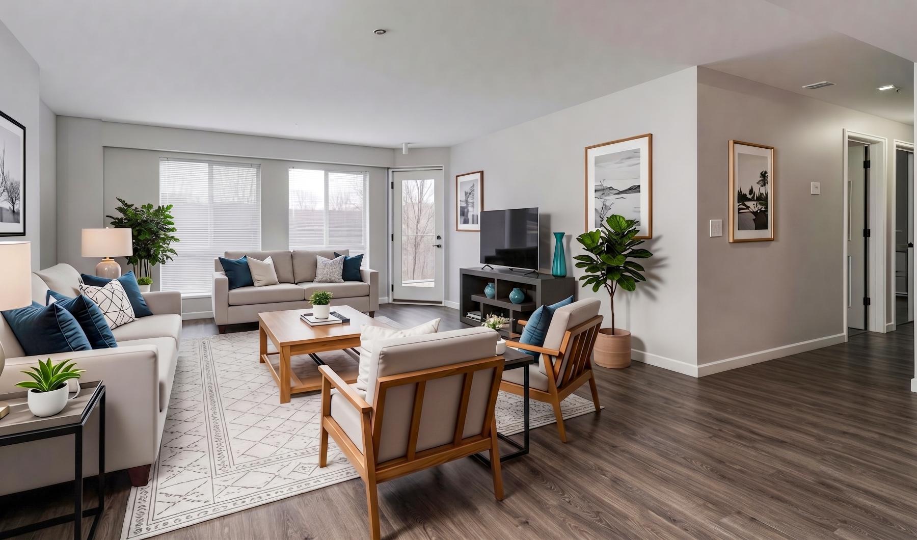 a living room with couches, chairs and a tv